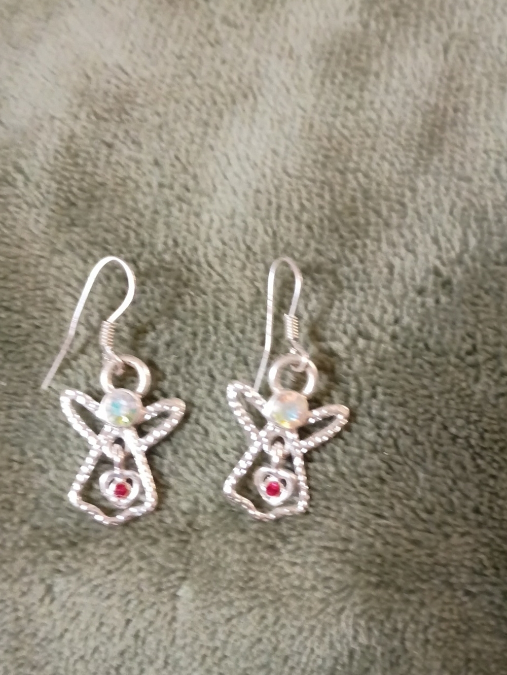 Source Unknown Silver Angel Earrings with Opal and Red Accents